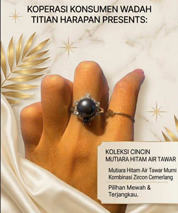 Cincin Mutiara Hitam Kombinasi Dengan Zircon